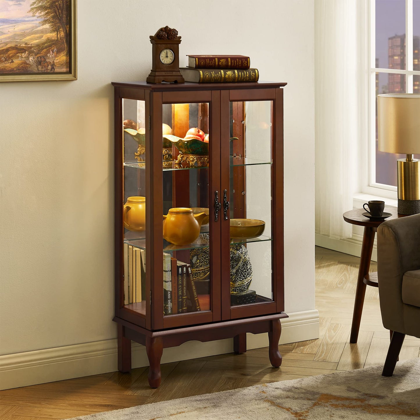 Lighted Curio Cabinet with Adjustable Shelves and Mirrored Back Panel