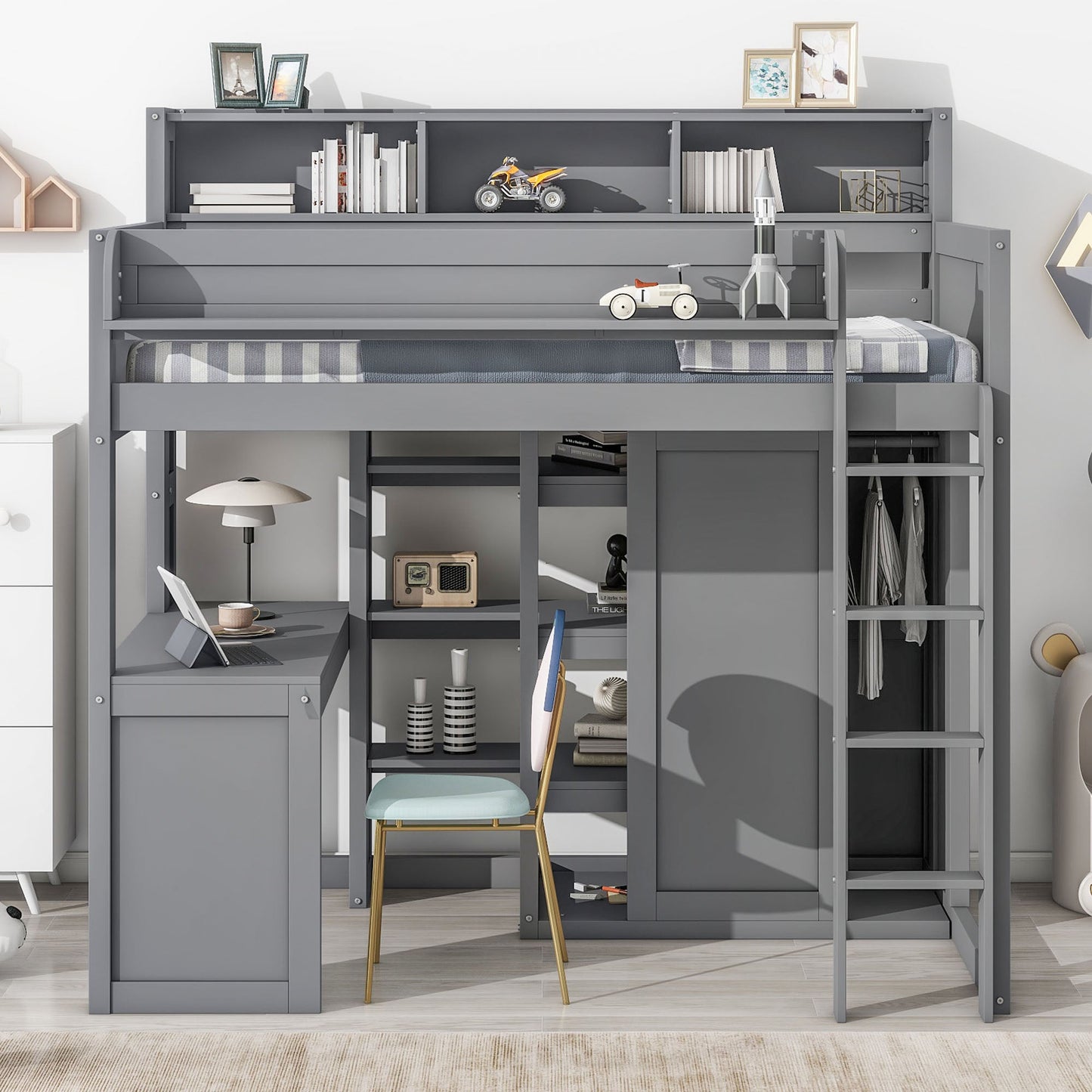 Wood Twin Size Loft Bed with Multiple Storage Shelves and Wardrobe