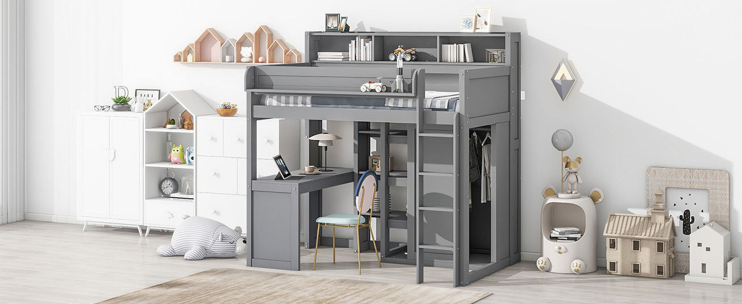 Wood Twin Size Loft Bed with Multiple Storage Shelves and Wardrobe