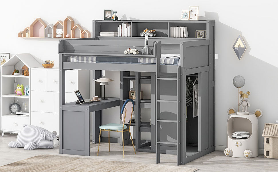 Wood Twin Size Loft Bed with Multiple Storage Shelves and Wardrobe