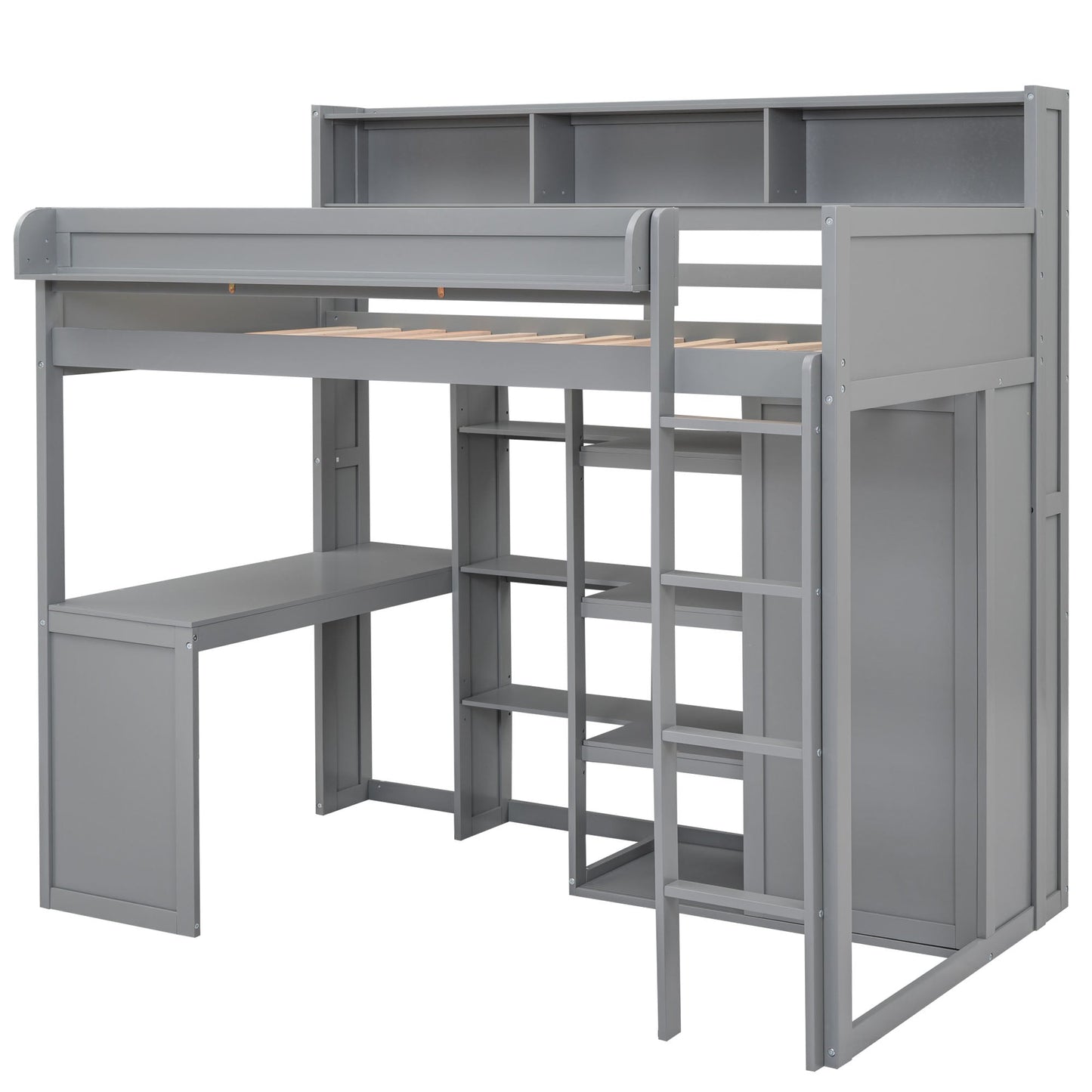 Wood Twin Size Loft Bed with Multiple Storage Shelves and Wardrobe