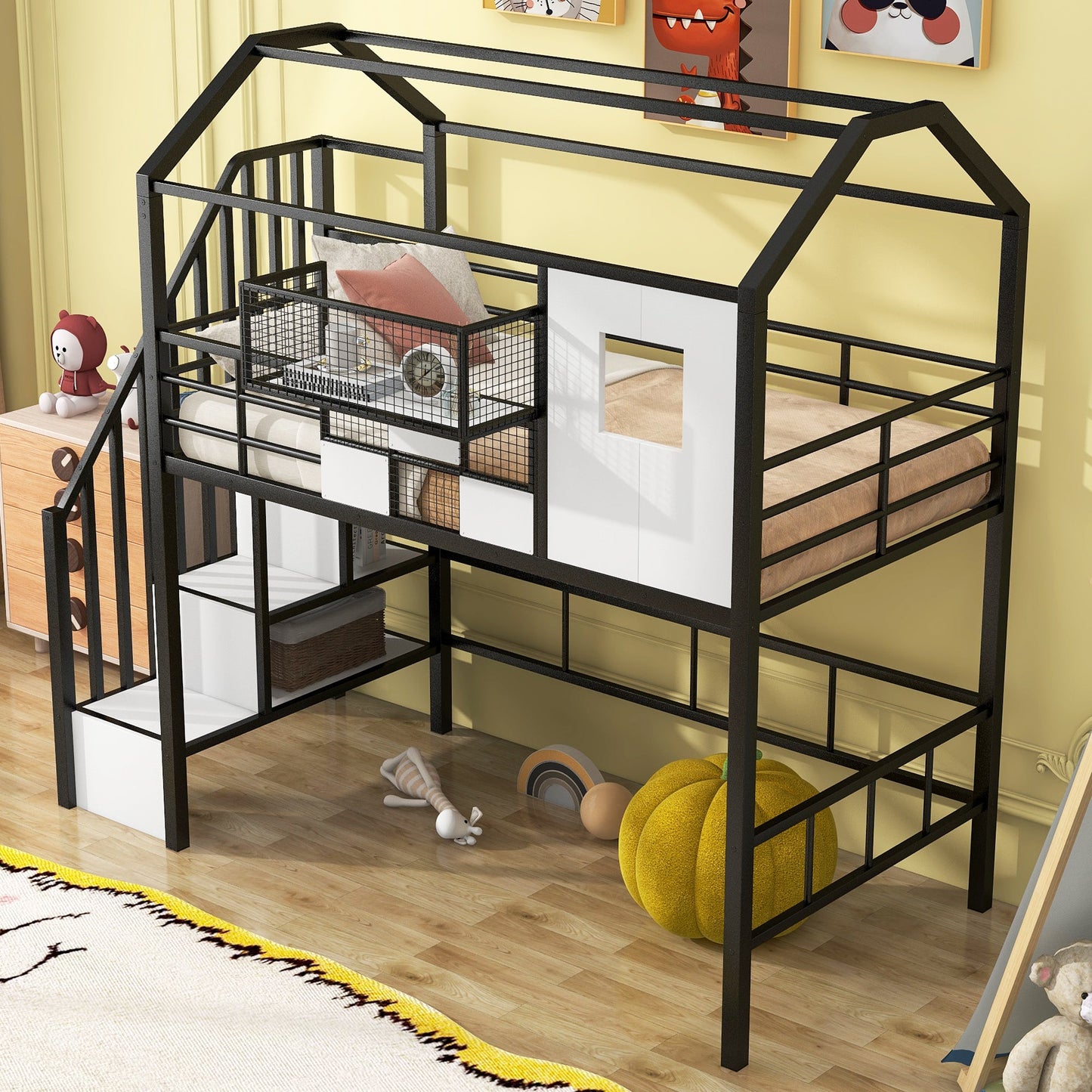 Metal Loft Bed with Roof Design and Storage Box, Twin