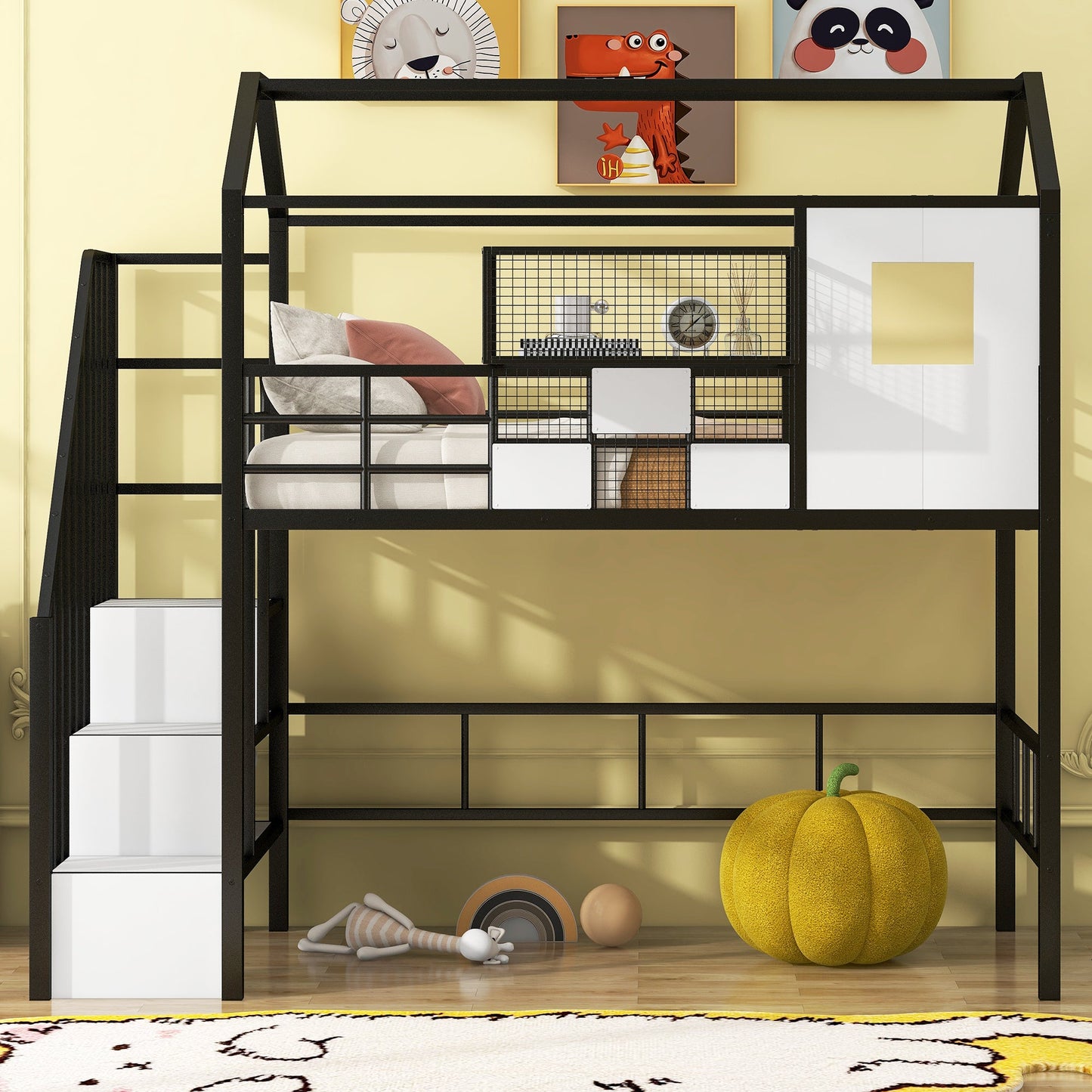 Metal Loft Bed with Roof Design and Storage Box, Twin