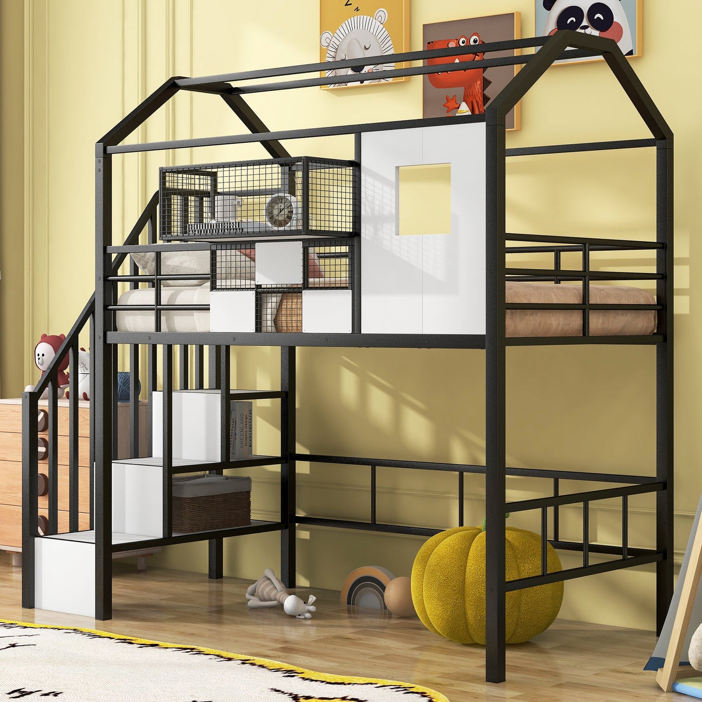 Metal Loft Bed with Roof Design and Storage Box, Twin
