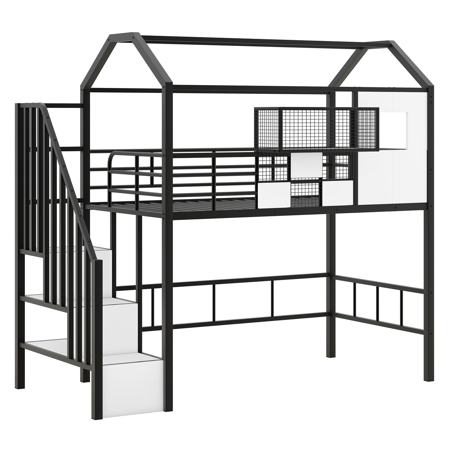 Metal Loft Bed with Roof Design and Storage Box, Twin