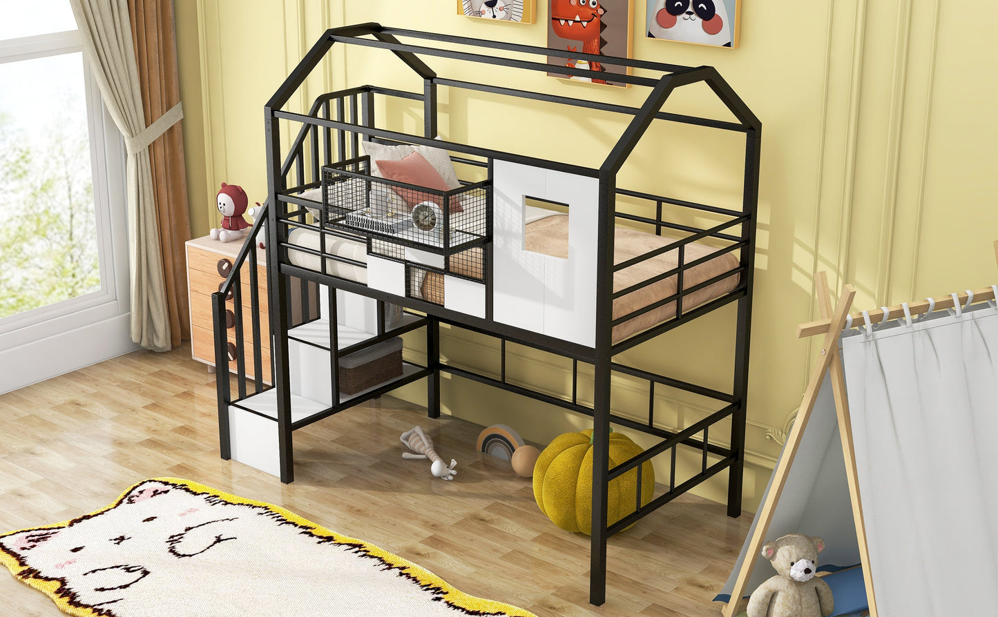 Metal Loft Bed with Roof Design and Storage Box, Twin
