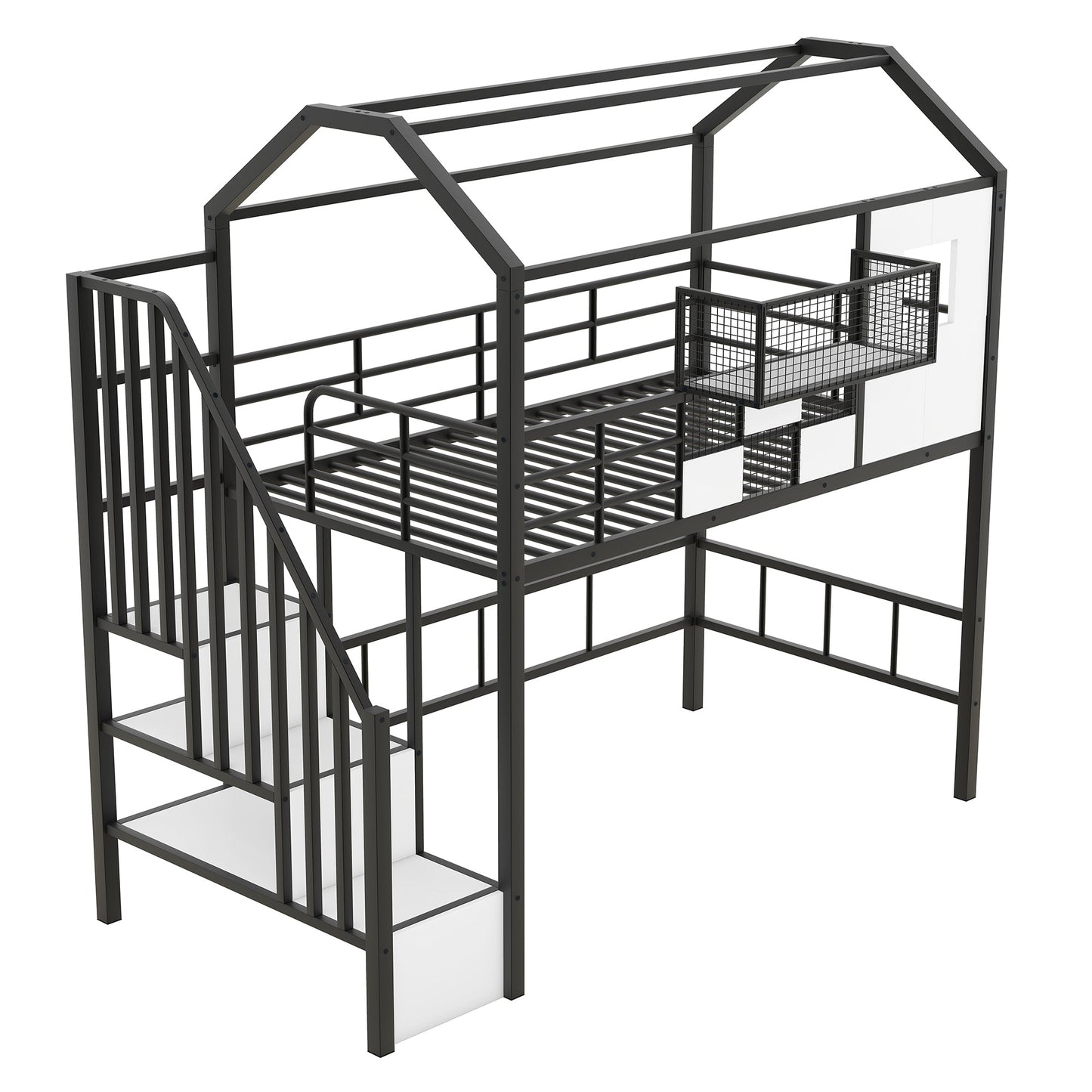 Metal Loft Bed with Roof Design and Storage Box, Twin