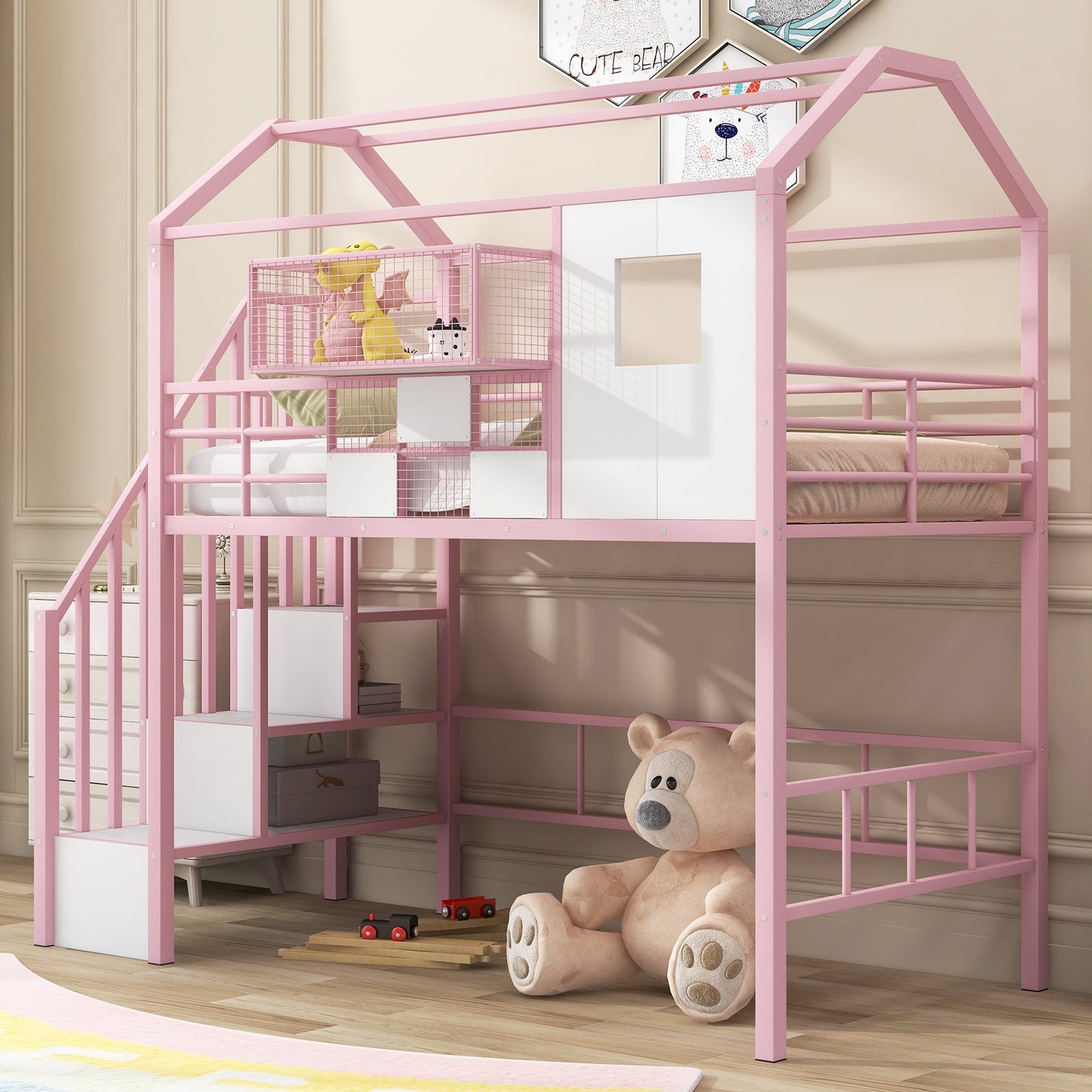 Metal Loft Bed with Roof Design and Storage Box, Twin