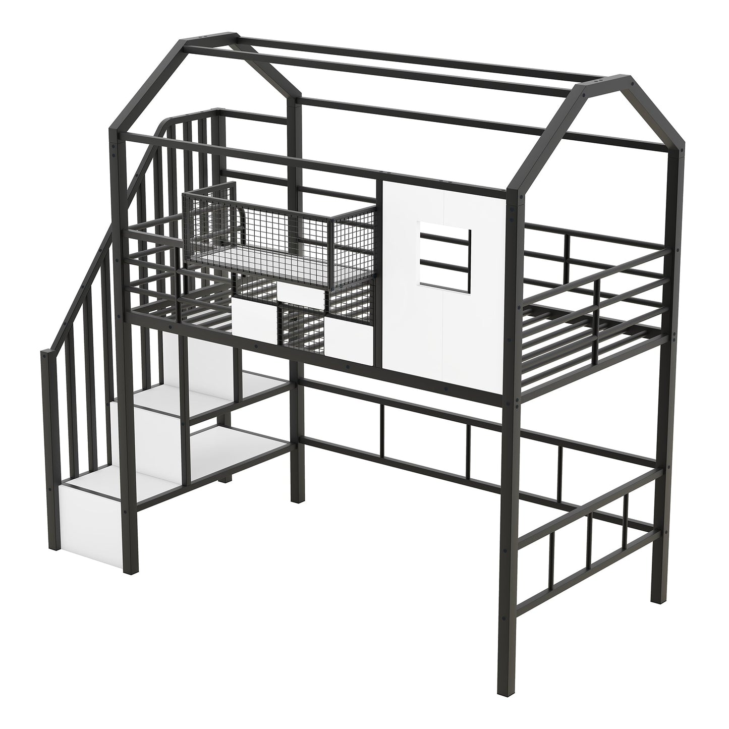 Metal Loft Bed with Roof Design and Storage Box, Twin