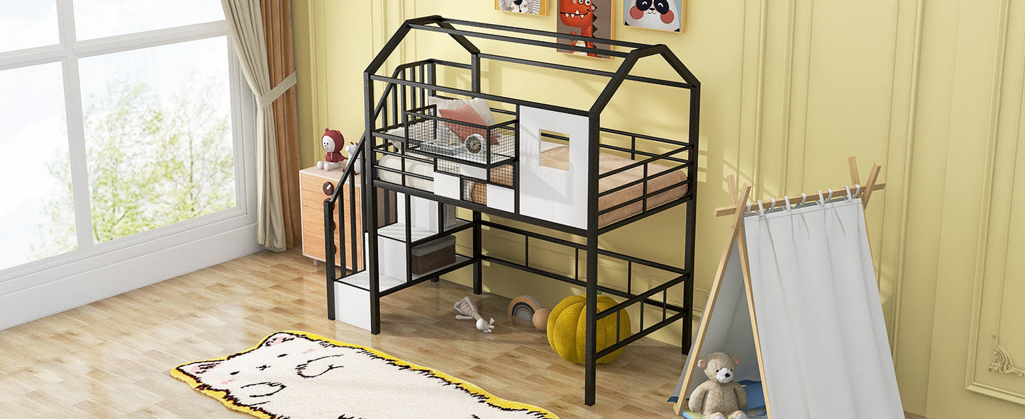 Metal Loft Bed with Roof Design and Storage Box, Twin