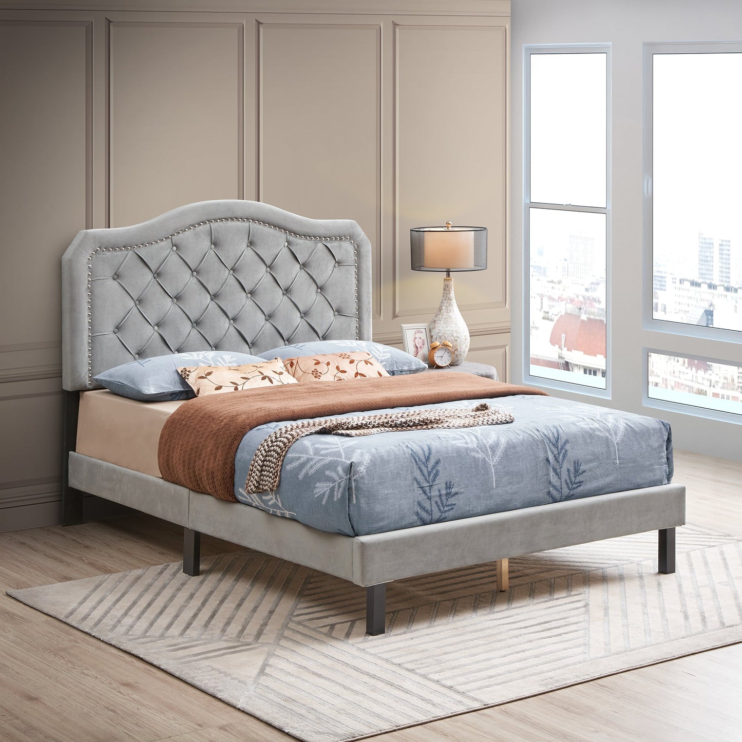 Upholstered Bed Button Tufted with Curve Design