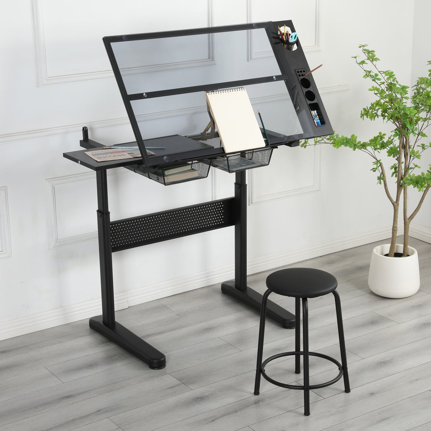 Hand Crank Adjustable Drafting Table with Stool
