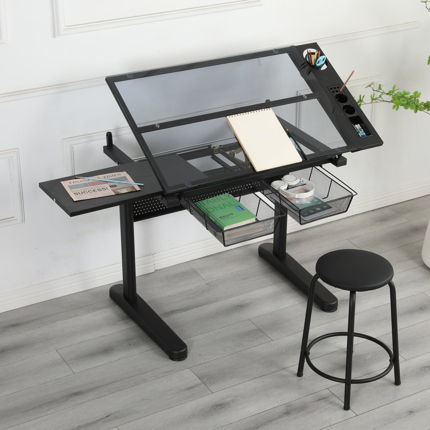 Hand Crank Adjustable Drafting Table with Stool