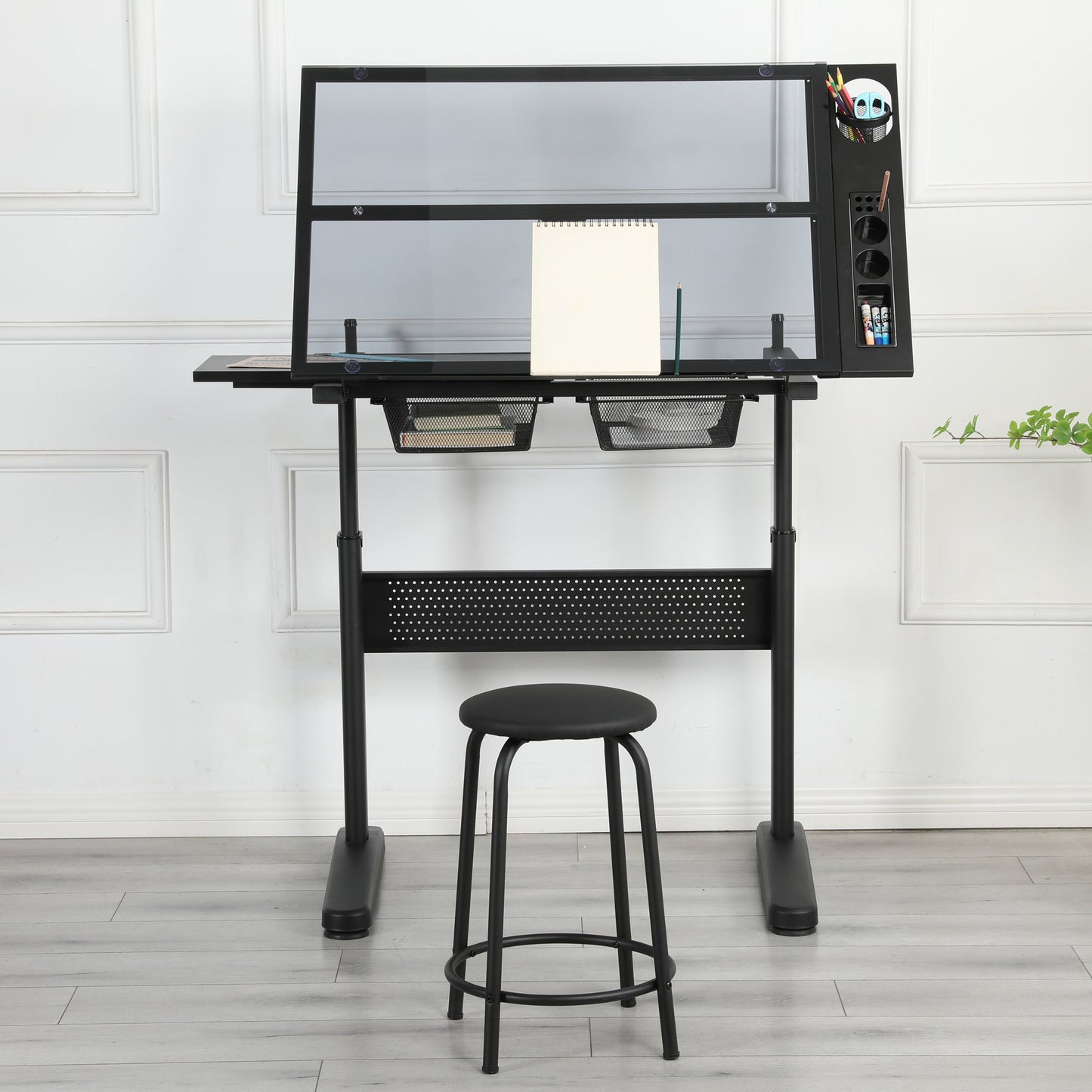 Hand Crank Adjustable Drafting Table with Stool