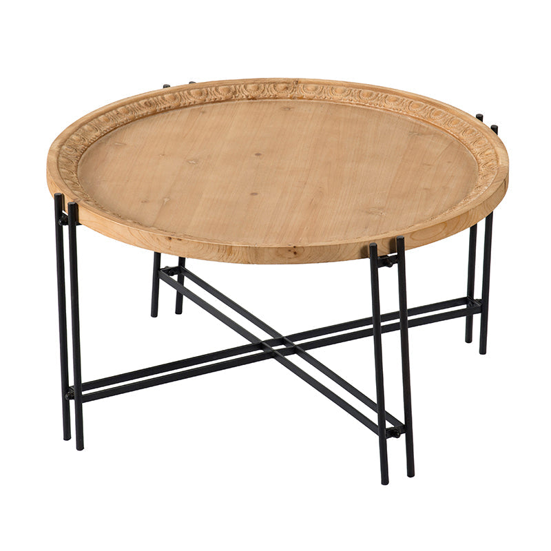 Farmhouse Round Wooden Coffee Table with Metal Legs