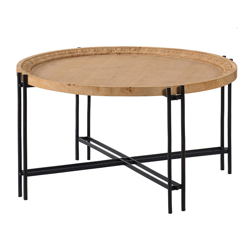 Farmhouse Round Wooden Coffee Table with Metal Legs