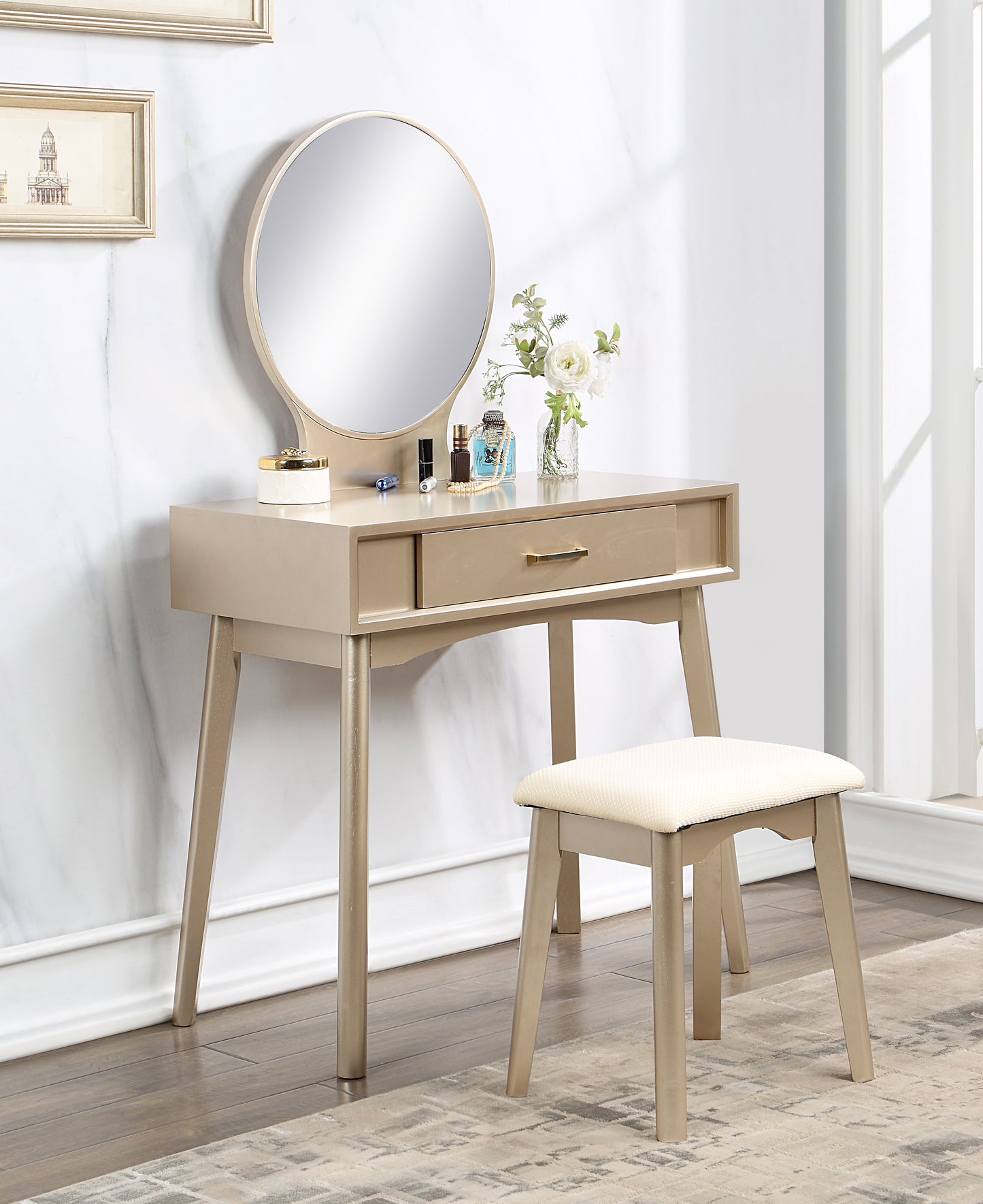 Maly Contemporary Wood Vanity and Stool Set