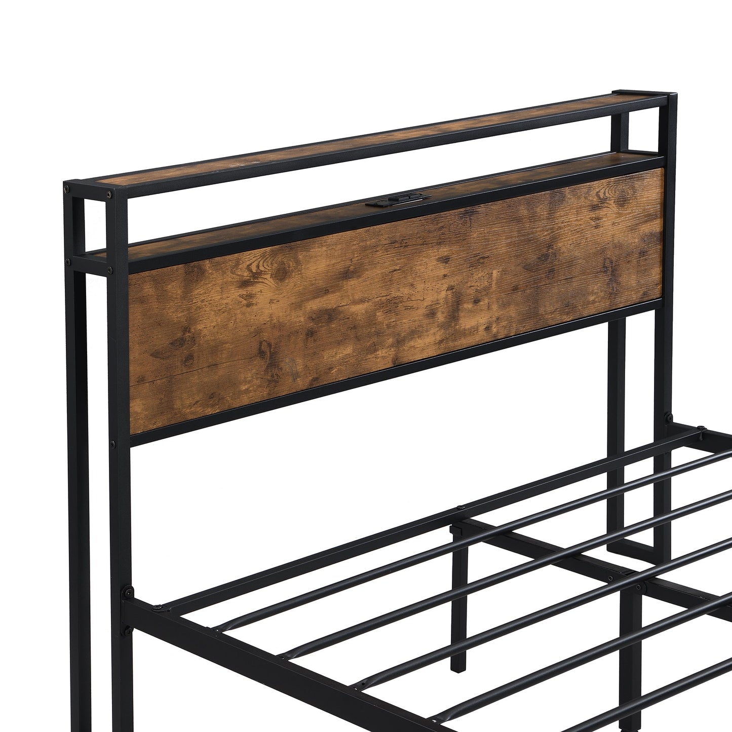 Full Size Metal Platform Bed Frame with Wooden Headboard