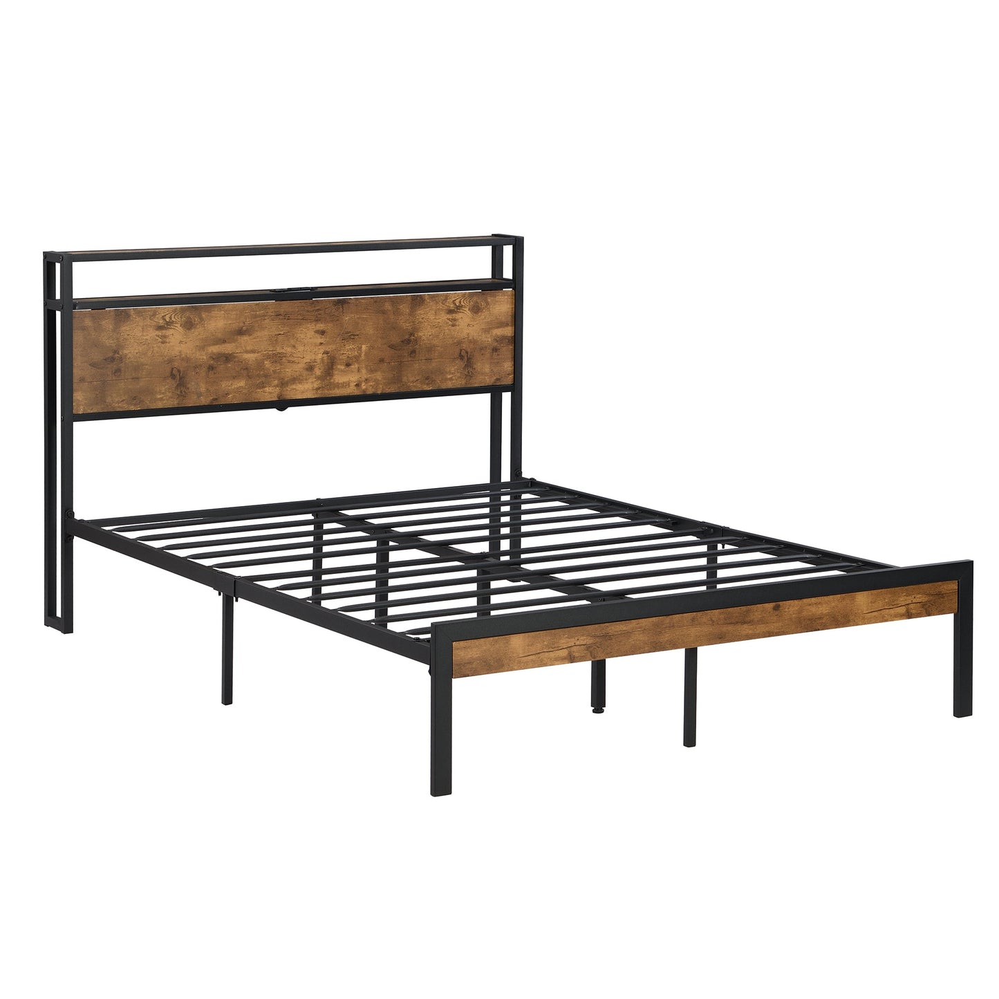 Full Size Metal Platform Bed Frame with Wooden Headboard