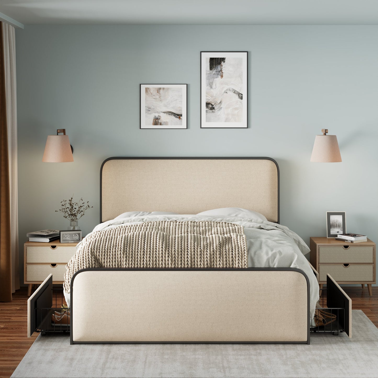 Modern Metal Bed Frame with Curved Upholstered Headboard