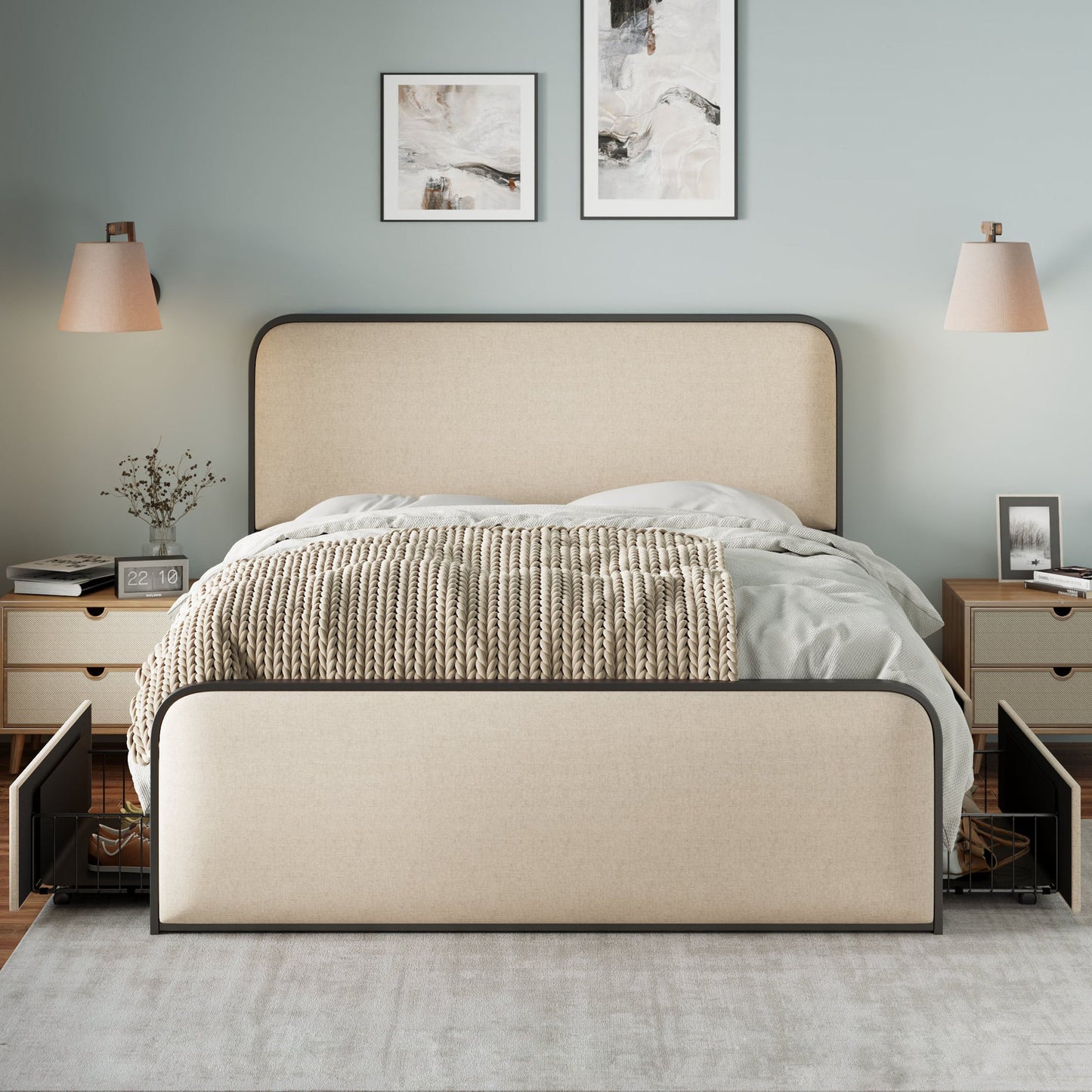 Modern Metal Bed Frame with Curved Upholstered Headboard