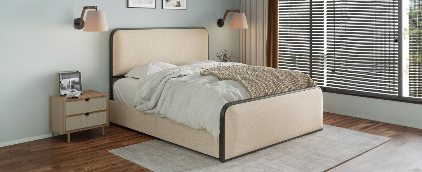 Modern Metal Bed Frame with Curved Upholstered Headboard