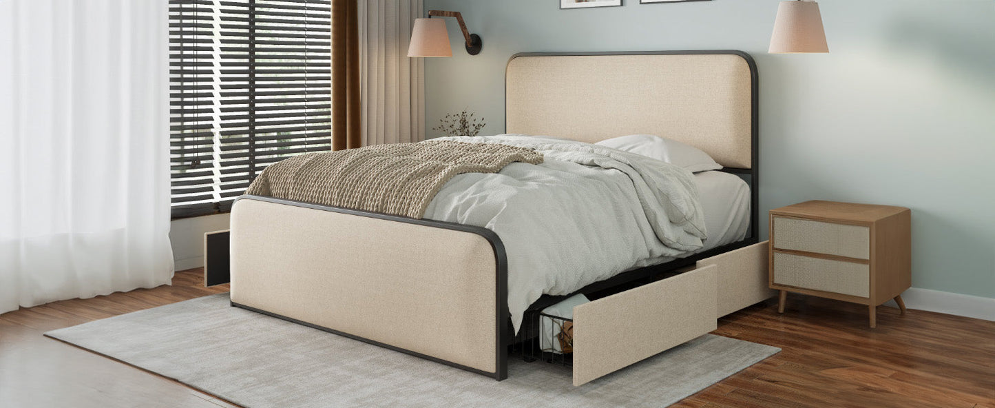 Modern Metal Bed Frame with Curved Upholstered Headboard