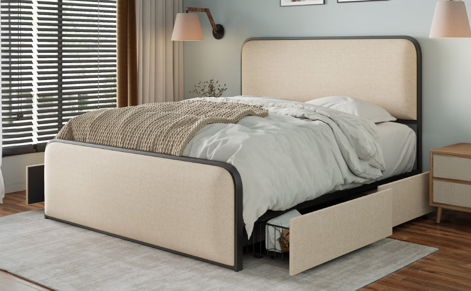 Modern Metal Bed Frame with Curved Upholstered Headboard