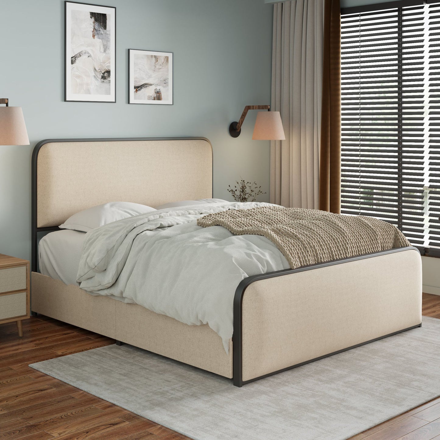 Modern Metal Bed Frame with Curved Upholstered Headboard