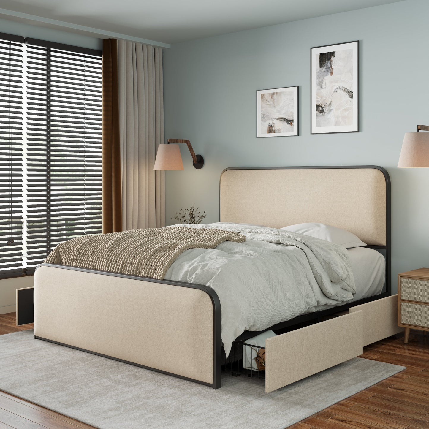 Modern Metal Bed Frame with Curved Upholstered Headboard