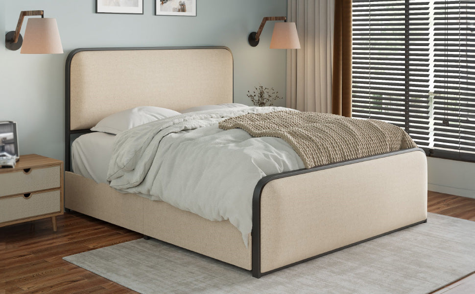 Modern Metal Bed Frame with Curved Upholstered Headboard