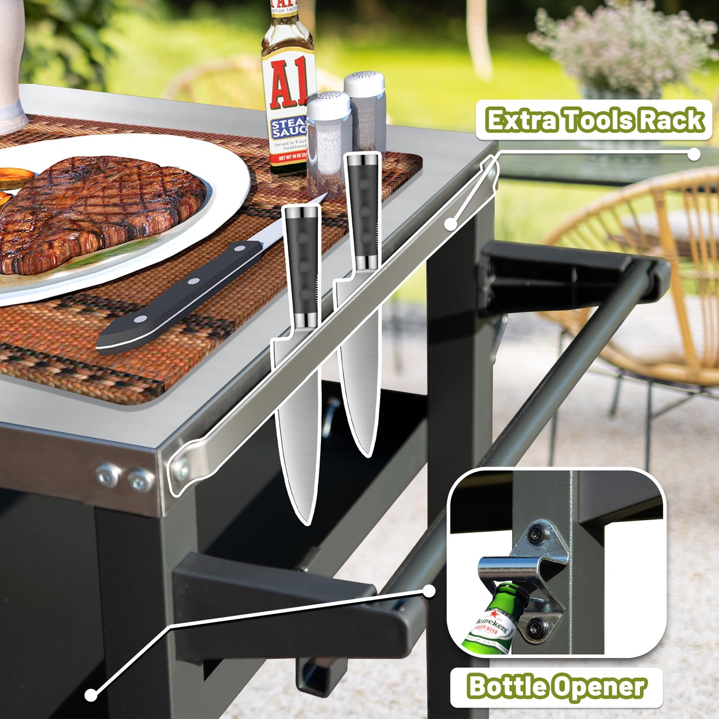 3-Shelf Outdoor Grill Table with Wheels