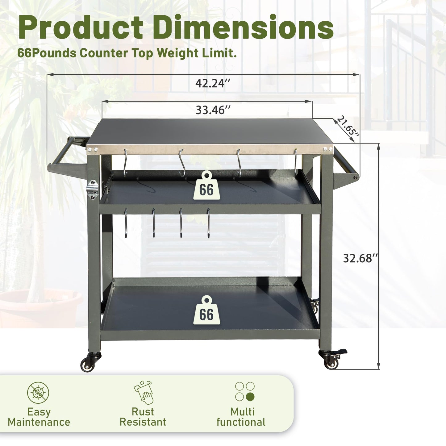 3-Shelf Outdoor Grill Table with Wheels