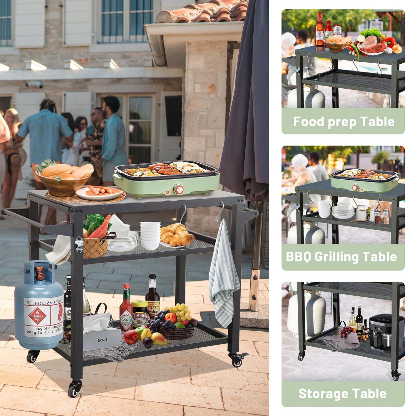 3-Shelf Outdoor Grill Table with Wheels