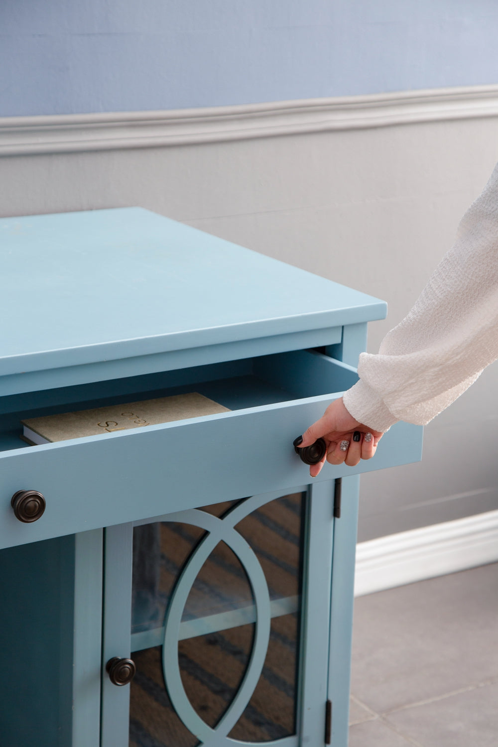 Stylish Blue Desk with Drawers and Glass Front Cabinet