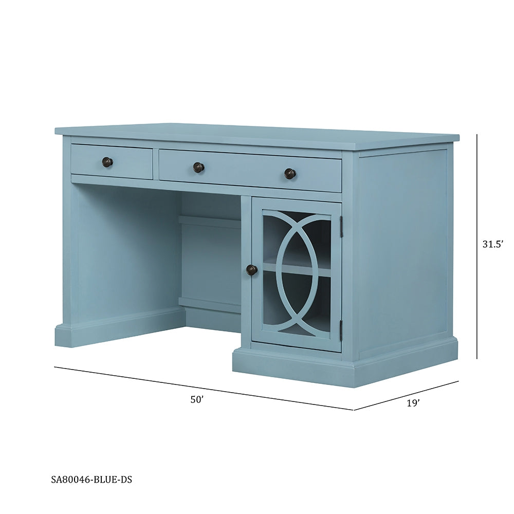 Stylish Blue Desk with Drawers and Glass Front Cabinet