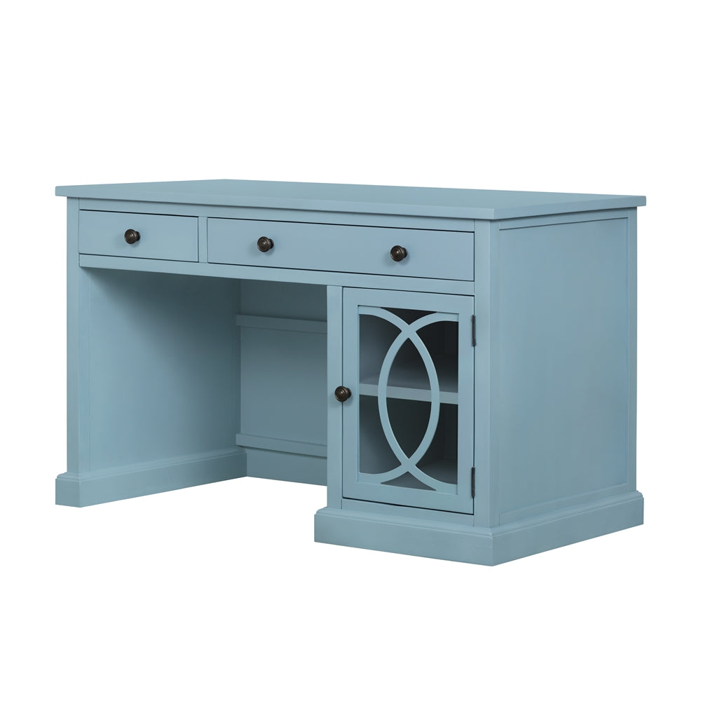 Stylish Blue Desk with Drawers and Glass Front Cabinet