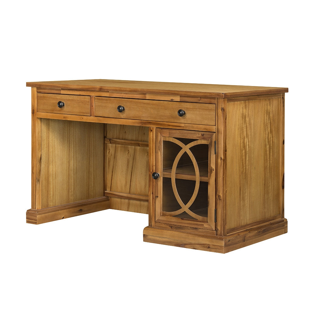 Stylish Blue Desk with Drawers and Glass Front Cabinet