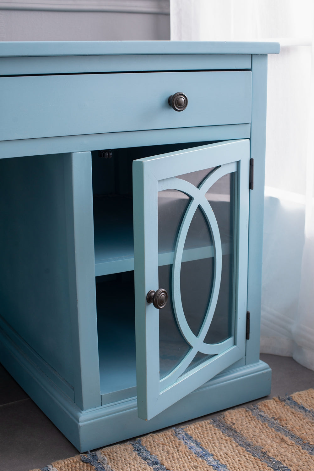 Stylish Blue Desk with Drawers and Glass Front Cabinet