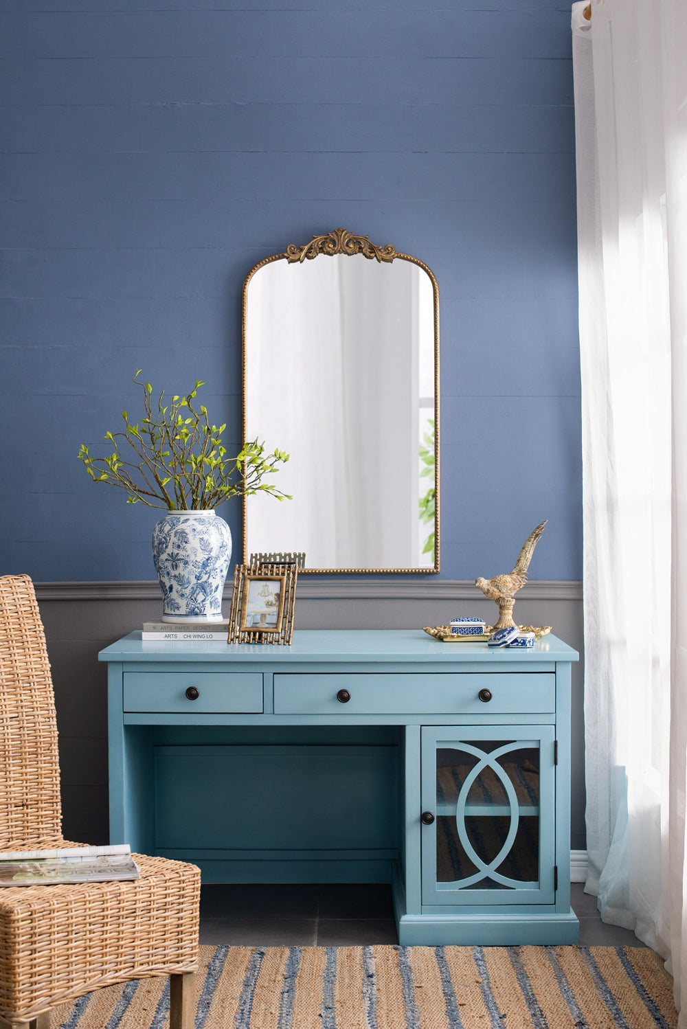 Stylish Blue Desk with Drawers and Glass Front Cabinet