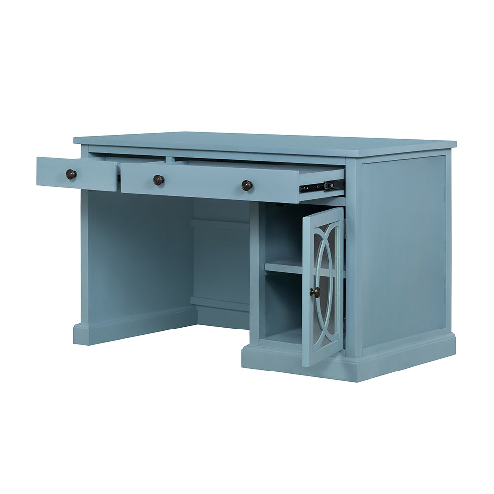 Stylish Blue Desk with Drawers and Glass Front Cabinet