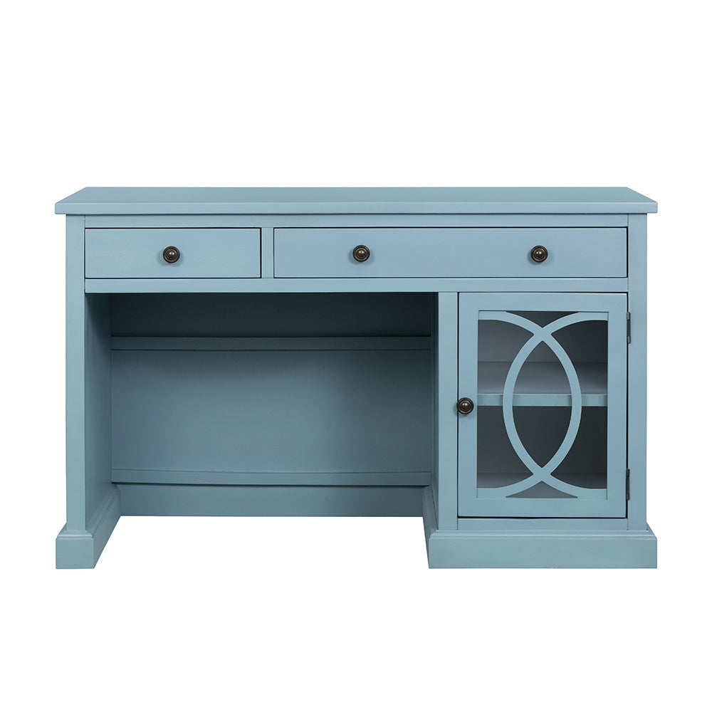 Stylish Blue Desk with Drawers and Glass Front Cabinet