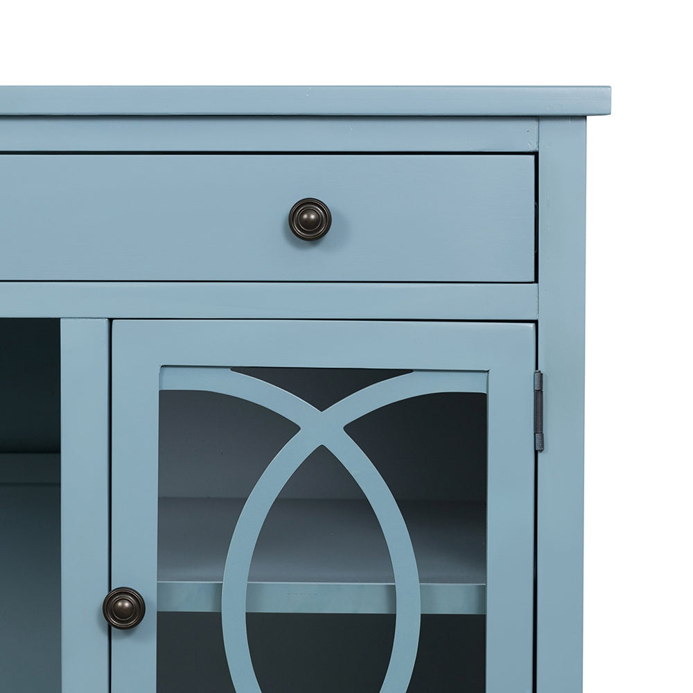 Stylish Blue Desk with Drawers and Glass Front Cabinet