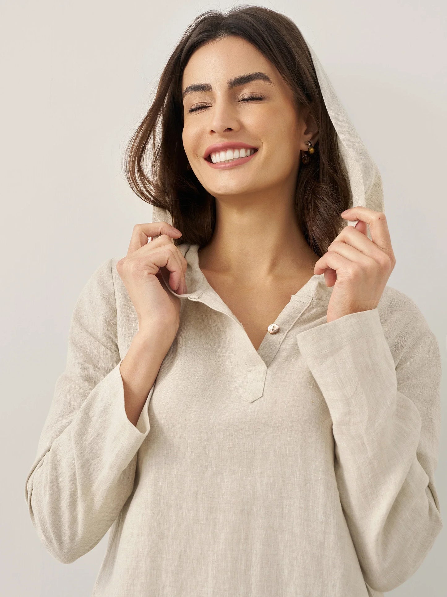 100% Linen Hooded Pullover Maxi Dress REBECCA