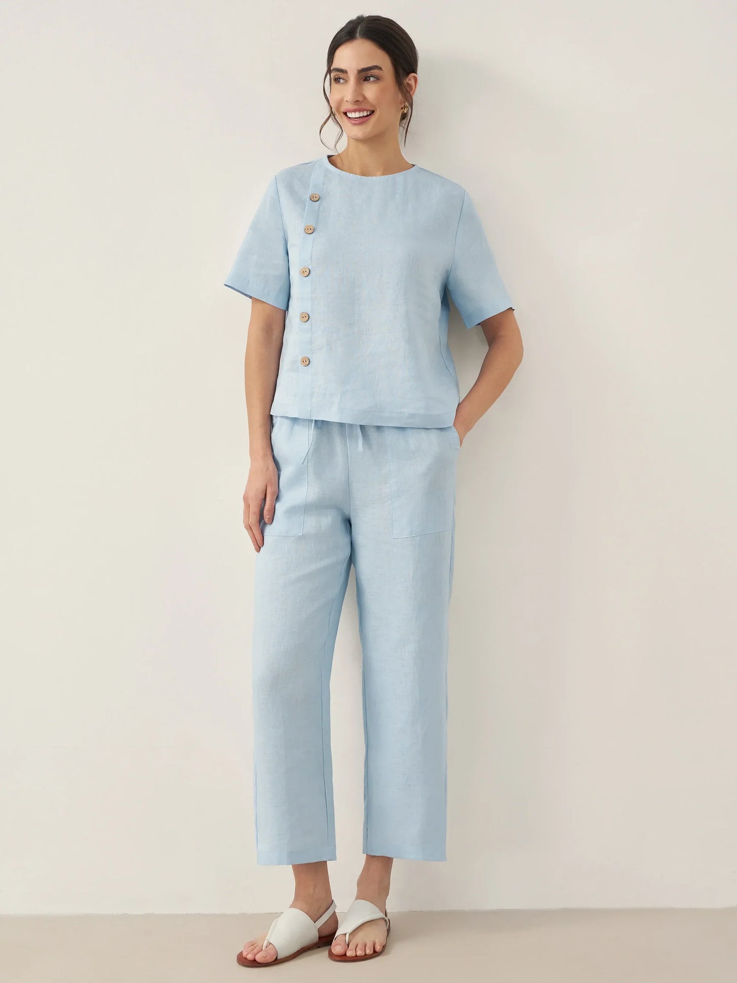 100% Linen Straight-Leg Drawstring Pants JOSIE