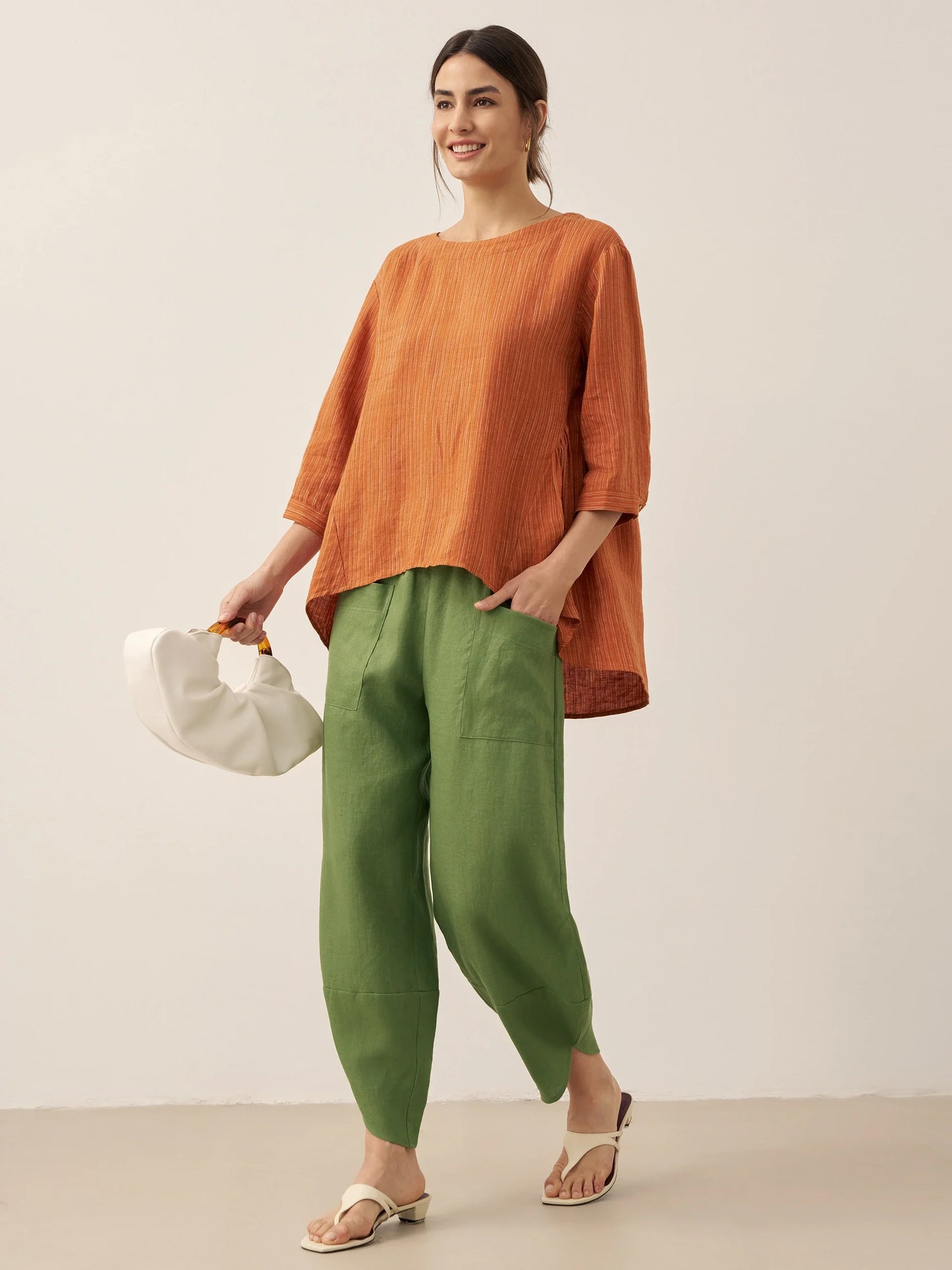100% Linen Round Neck Artistic Stripe Top FLORENCE