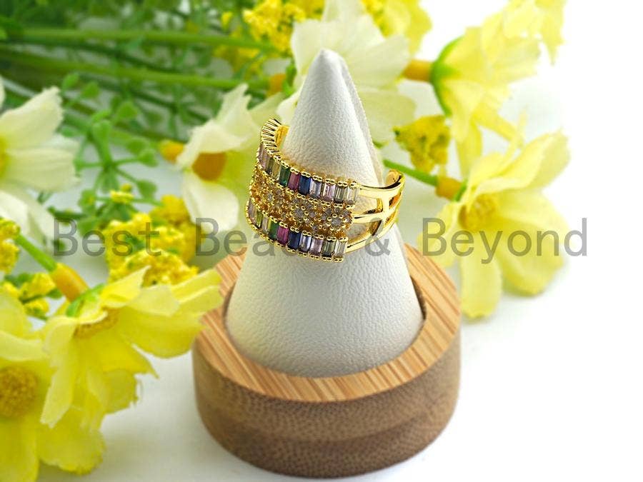 Wide Rainbow CZ Gold Adjustable Ring, Sku#X17