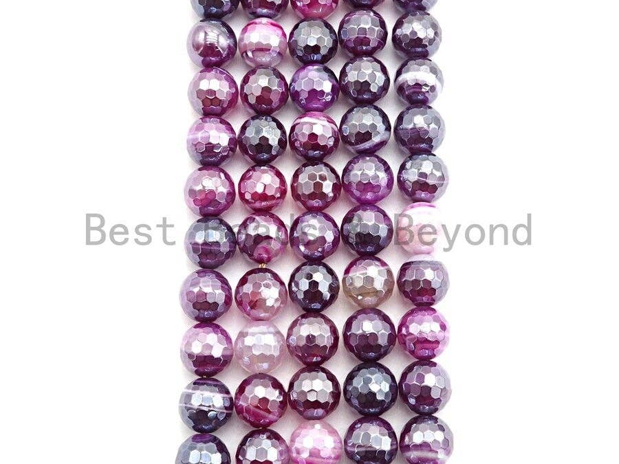 Mystic Plated Fuchsia Pink Faceted Agate Beads,6mm/8mm/10mm/12mm, Plated Fuchsia Agate Beads,15.5" Full Strand, SKU#U440