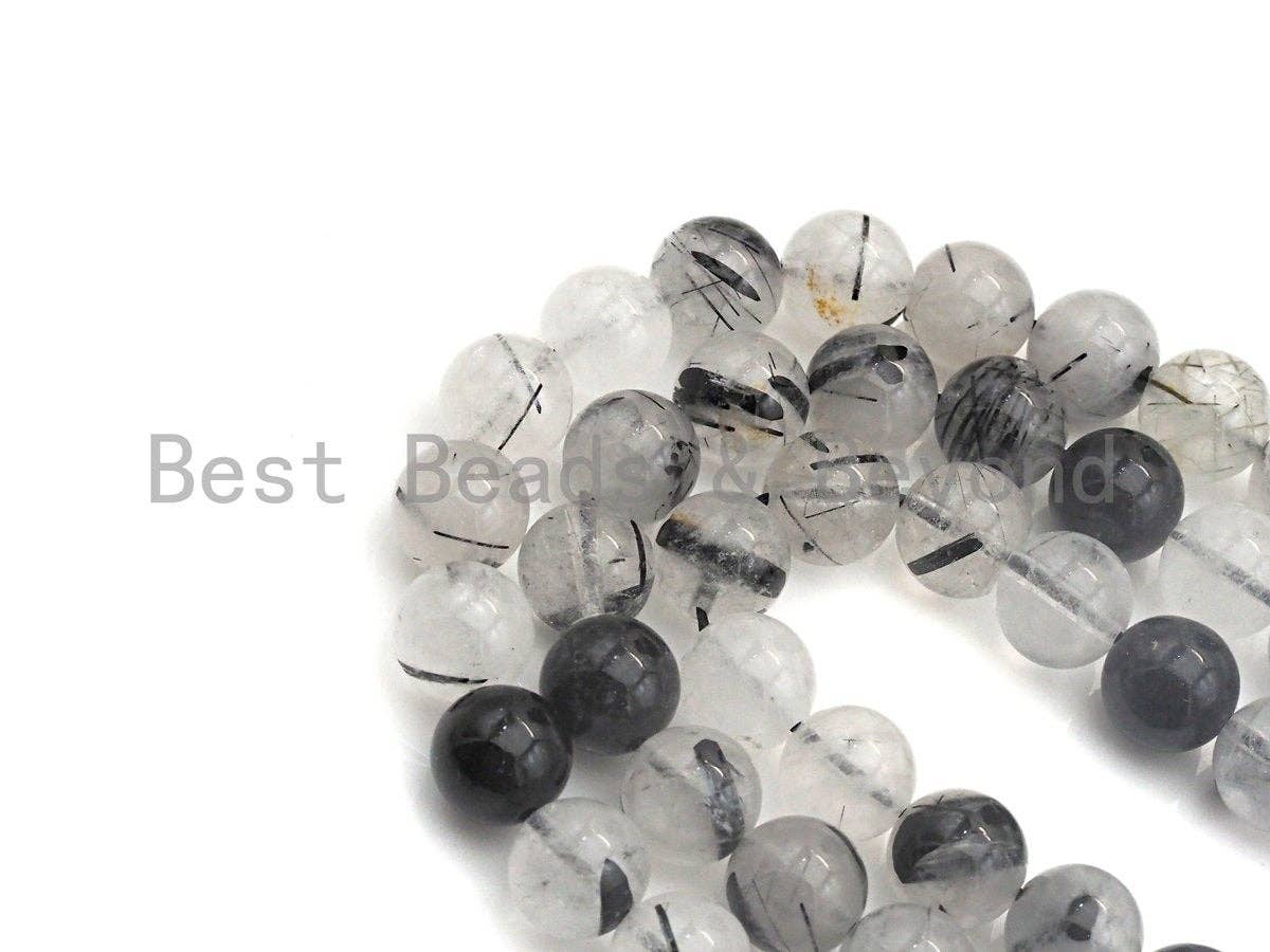 Quality Natural Tourmalinated Quartz , 6mm/8mm/10mm  Round Smooth Beads, Natural Quartz, 15.5" Full Strand, sku#U687