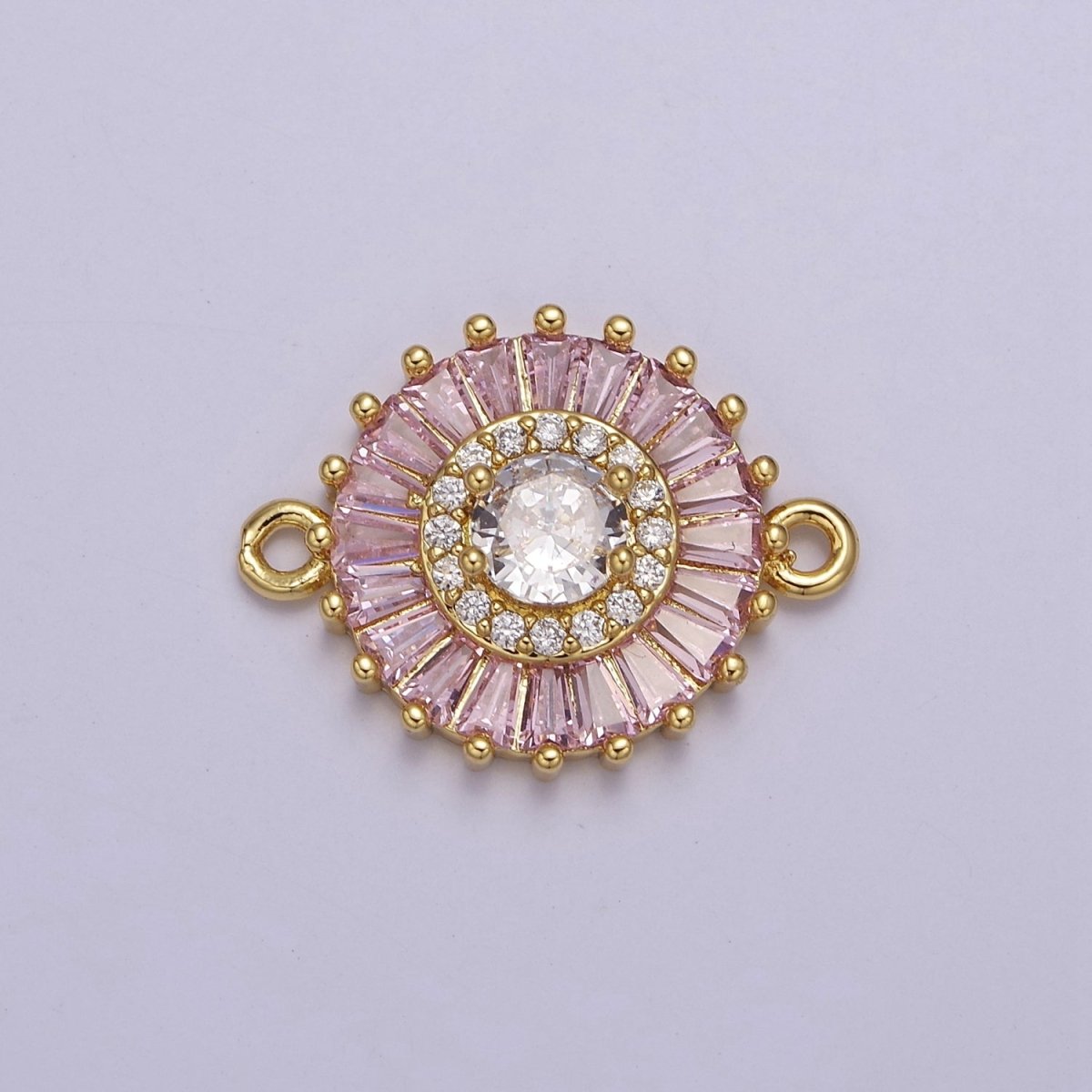 20.6x15.2mm 24k Gold Filled Pave Circle Bracelet Charm, Baguette Stone Bracelet Charm, Two-Hole Round Charm, Pave Sunburs Link Connector F-116 F-117 F-122 F-132 F-155